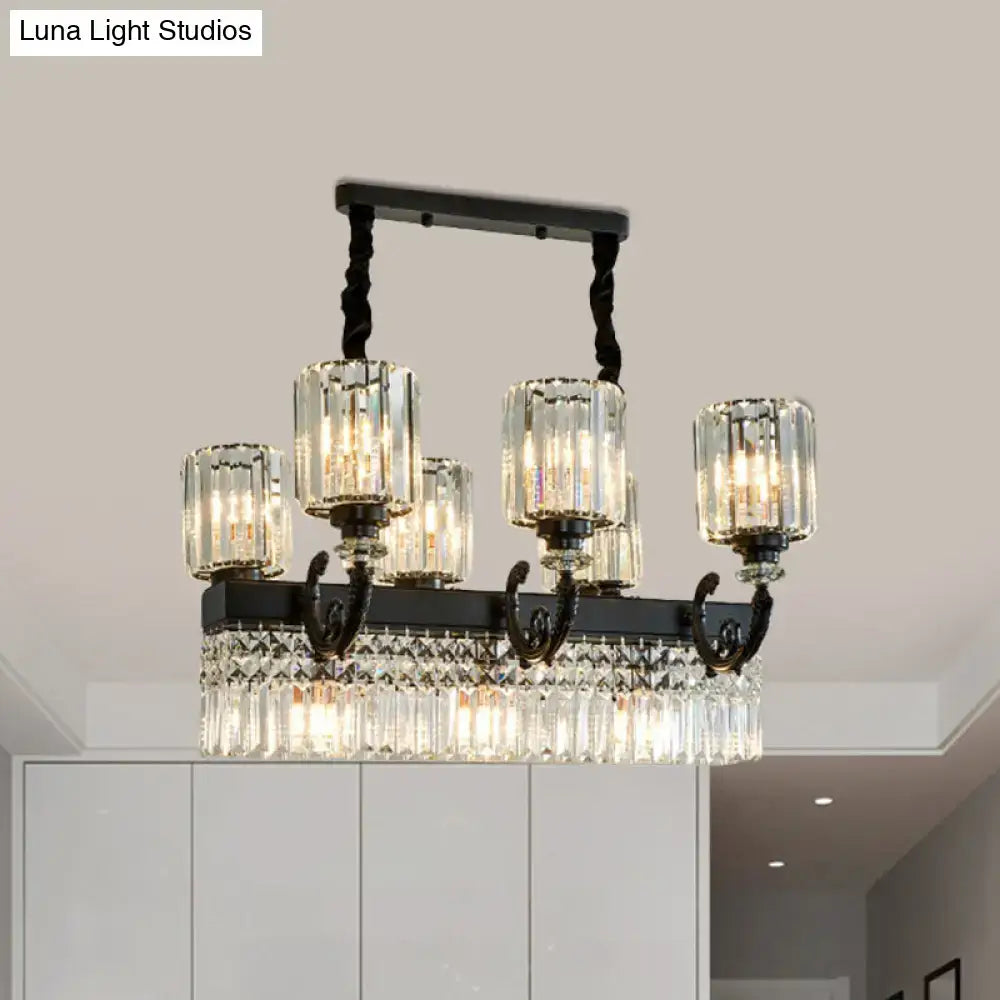 DecorBites modern black wrought iron island pendant with crystal prism glass shades and nine-head fixture width