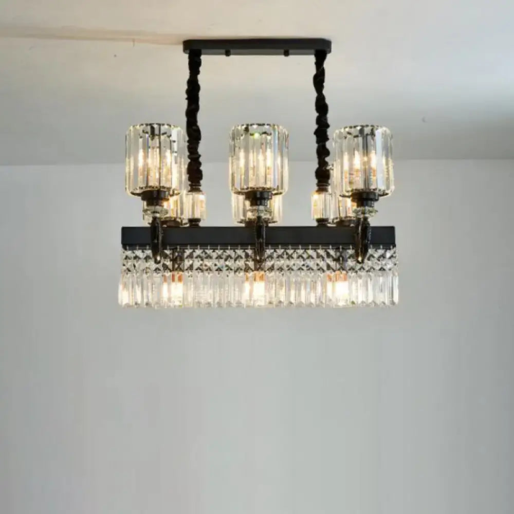 DecorBites modern black metal island pendant lamp with three clear glass candle shades and crystal prism fringe fixture width
