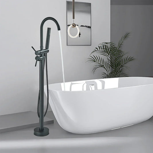 DecorBites™ modern black floor mounted tub faucet with black matte finish, dual handles, and curved spout includes hand shower