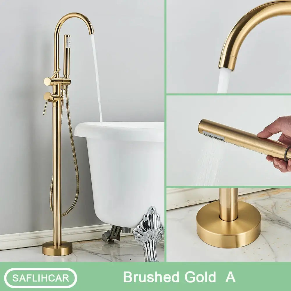 DecorBites™ modern black floor mounted tub faucet with brushed gold finish, tall curved spout, and detachable hand shower