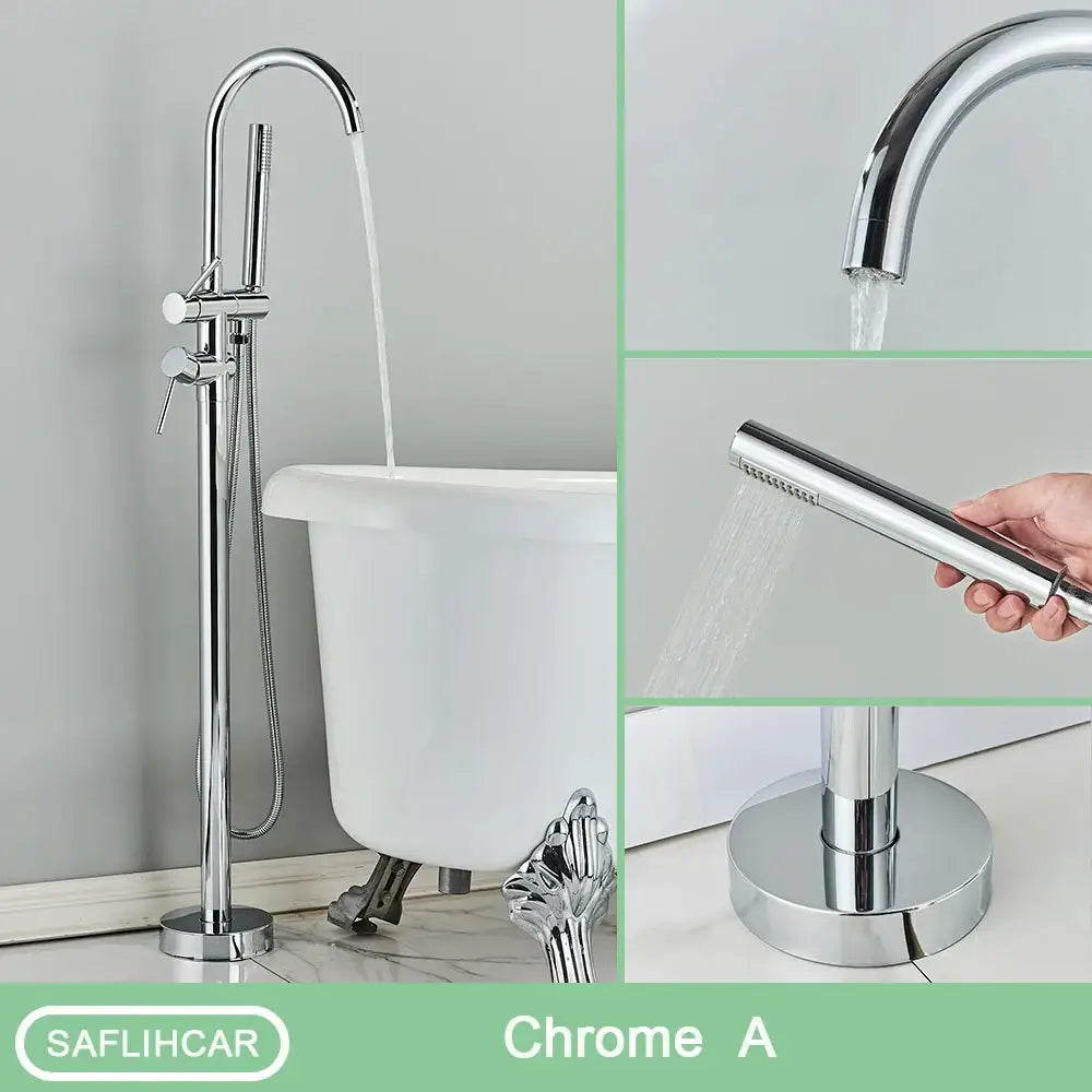 DecorBites™ modern black floor mounted tub faucet with chrome finish and hand shower in tall sleek design