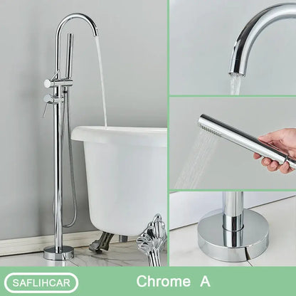 DecorBites™ modern black floor mounted tub faucet with chrome finish and hand shower in tall sleek design