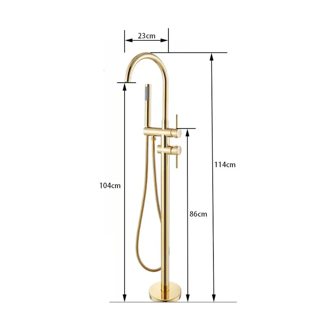 Gold-finished freestanding tub faucet with sleek modern black hand shower and integrated handheld showerhead by DecorBites