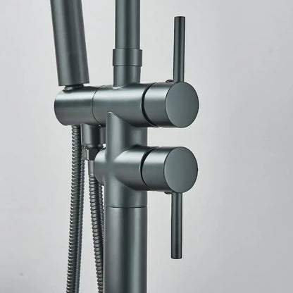 DecorBites™ modern black floor mounted tub faucet with matte finish, sleek cylindrical handles, and flexible hand shower