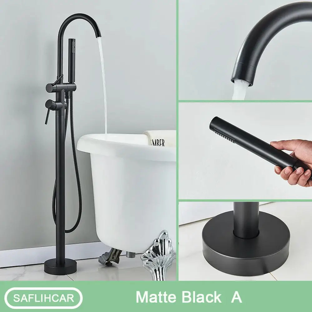 Matte black DecorBites™ modern black freestanding tub faucet with sleek design and attached hand shower