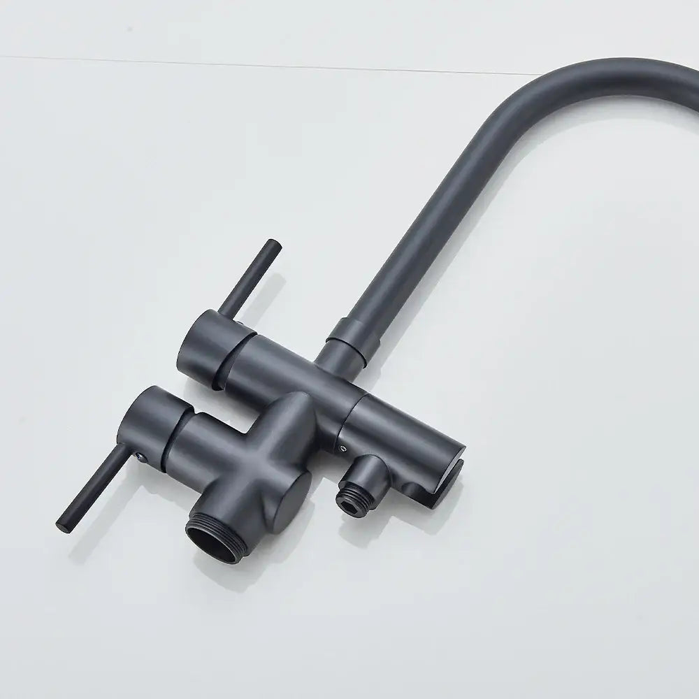 DecorBites™ modern black floor mounted tub faucet with dual handles curved spout and matte finish with hand shower