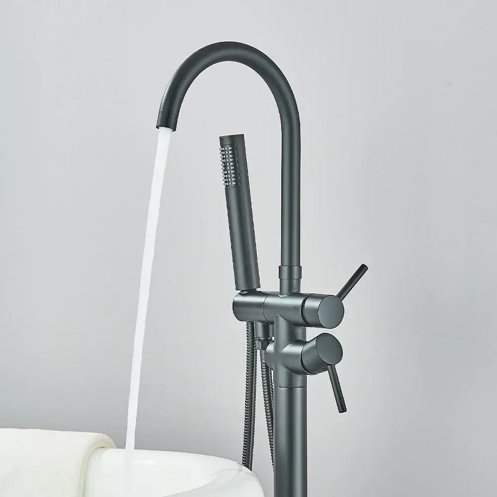 Decorbites modern black freestanding tub faucet with hand shower and dual lever controls in matte finish
