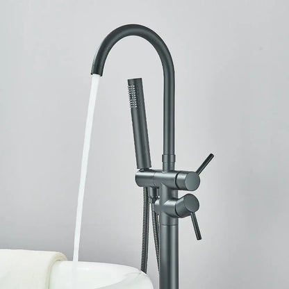 Decorbites modern black freestanding tub faucet with hand shower and dual lever controls in matte finish