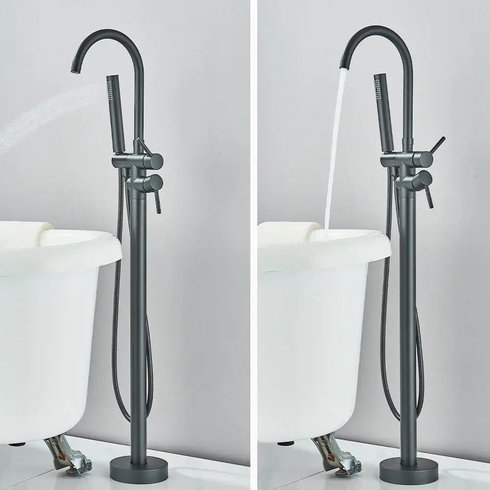 DecorBites™ modern black floor mounted tub faucet with matte finish curved spout and detachable hand shower