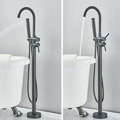 DecorBites™ modern black floor mounted tub faucet with matte finish curved spout and detachable hand shower