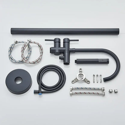 Decorbites™ modern black floor mounted tub faucet kit with matte finish curved spout hand shower and hoses