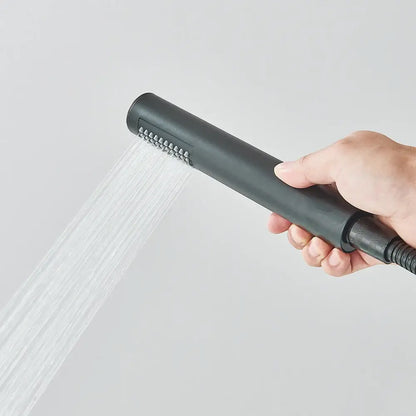 DecorBites™ modern black floor mounted tub faucet with black matte hand shower featuring sleek cylindrical design