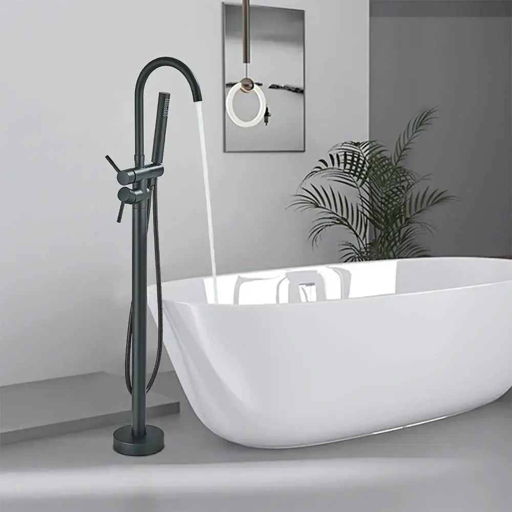 DecorBites™ modern black floor mounted tub faucet with black matte finish, dual handles, and curved spout includes hand shower
