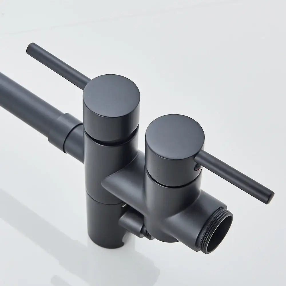 DecorBites modern black floor mounted tub faucet with black matte finish and sleek cylindrical dual handles