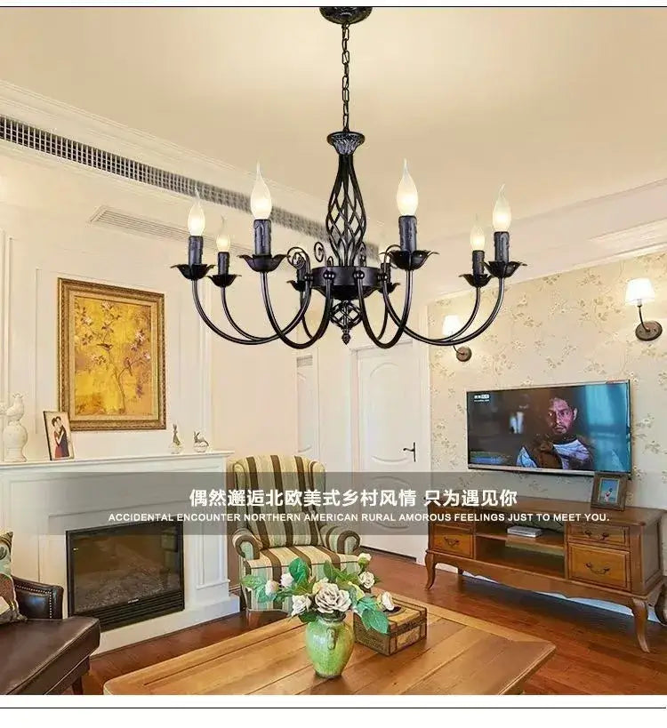DecorBites™ modern black iron chandelier with multiple candle-style bulbs for living room lighting
