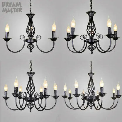 Decorbites™ modern black iron chandelier with intricate scrollwork and candle-style bulbs for living room lighting