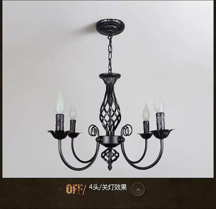 DecorBites modern black iron chandelier with ornate lattice design and four candle-style bulbs for living room use