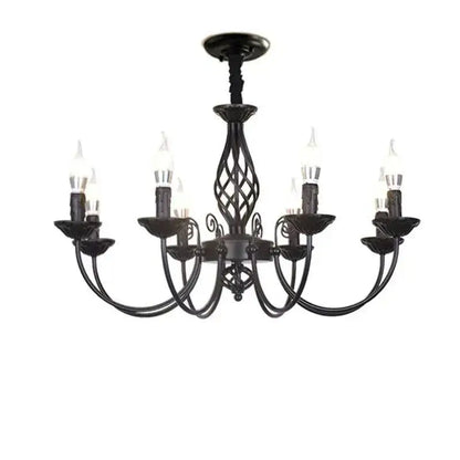 DecorBites™ modern black iron chandelier with ornate lattice design and six candle-style bulbs for living room lighting