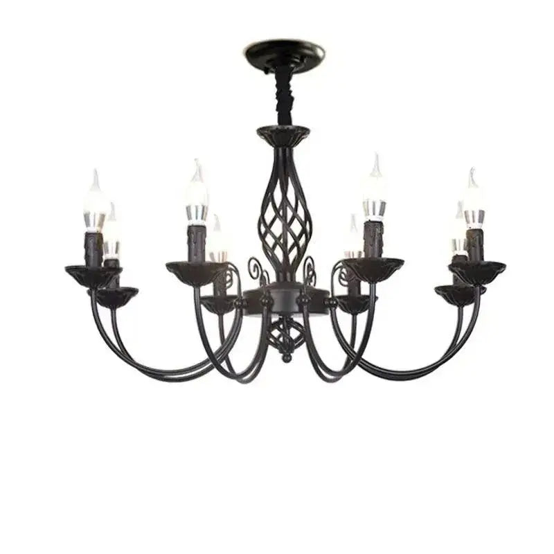 DecorBites™ modern black iron chandelier with ornate lattice design and six candle-style bulbs for living room lighting