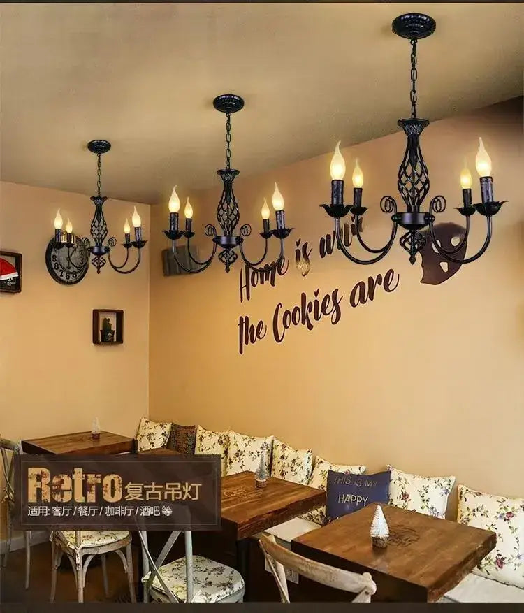 DecorBites modern black iron chandelier with multiple candle-style bulbs for living room lighting