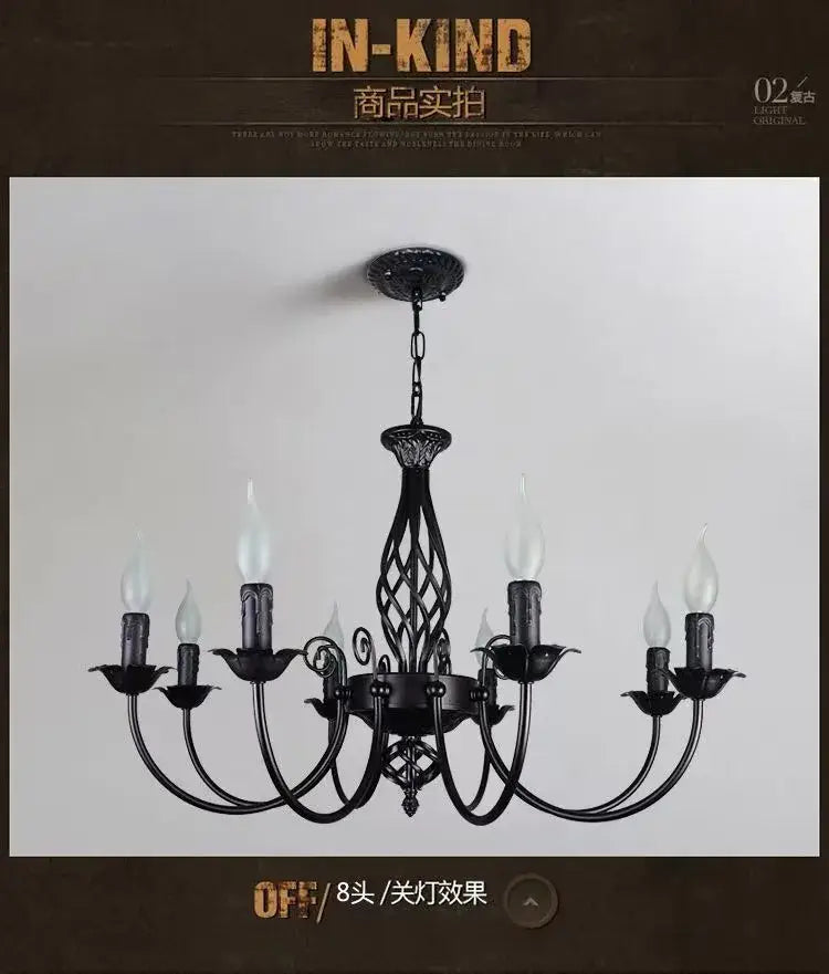 DecorBites™ modern black iron chandelier with eight candle-style bulbs for living room lighting