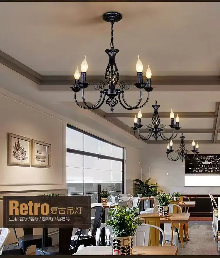DecorBites modern black iron chandelier with five candle-style bulbs for living room lighting and decor