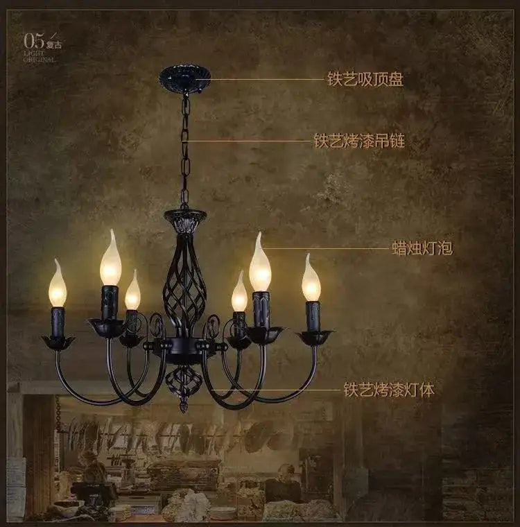 Decorbites modern black iron chandelier with five candle-style bulbs for living room lighting
