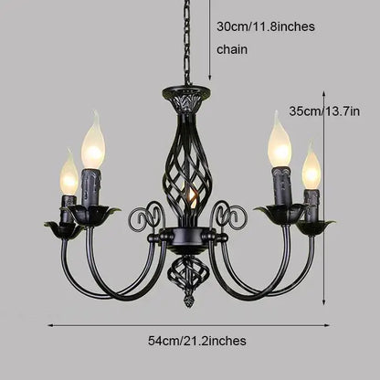 Decorbites™ modern black iron chandelier with five candle-style bulbs and ornate scrollwork for living room