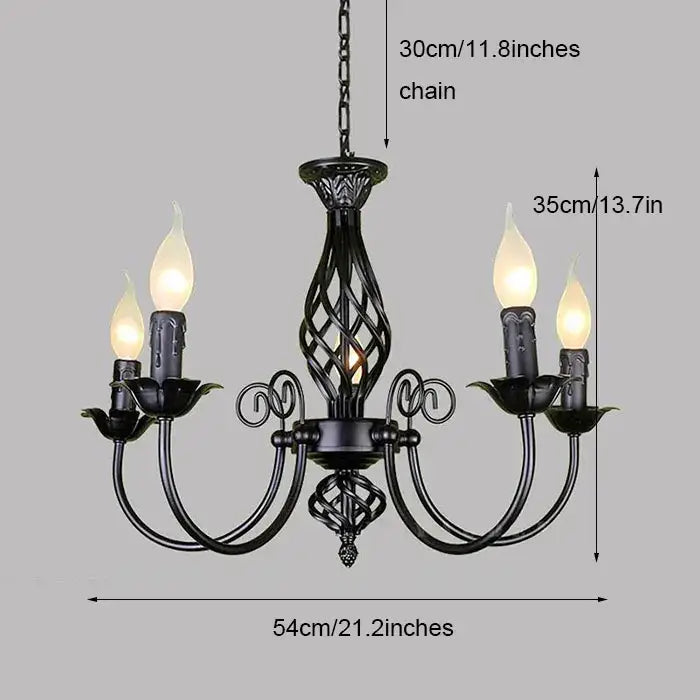 Decorbites™ modern black iron chandelier with five candle-style bulbs and ornate scrollwork for living room