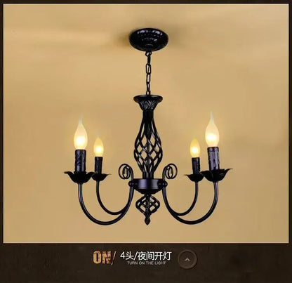 Decorbites™ modern black iron chandelier with four candle-style bulbs for living room lighting