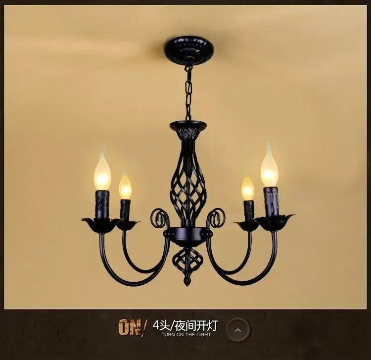 Decorbites™ modern black iron chandelier with four candle-style bulbs for living room lighting