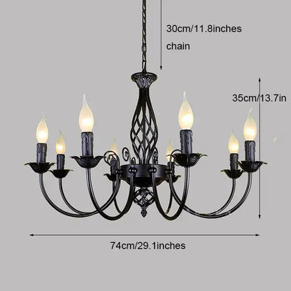 DecorBites™ modern black iron chandelier with six candle-style bulbs and ornate scrollwork for living room use
