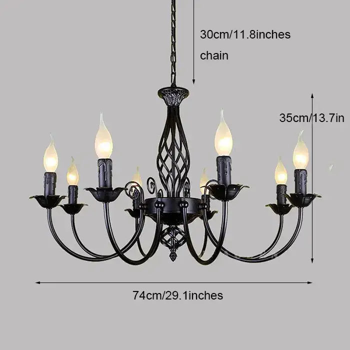 DecorBites™ modern black iron chandelier with six candle-style bulbs and ornate scrollwork for living room use