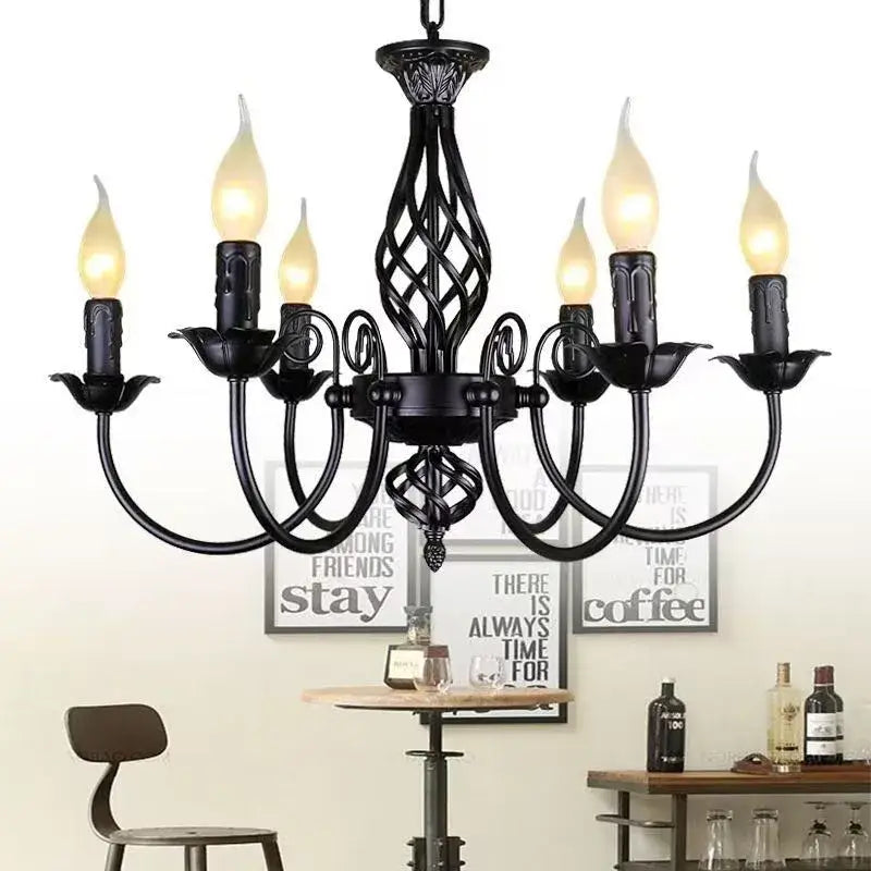 DecorBites™ modern black iron chandelier with six candle-style bulbs for living room lighting