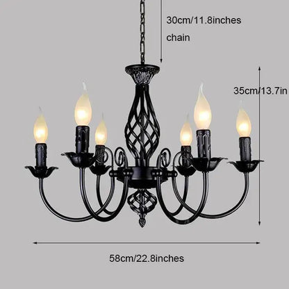 DecorBites™ modern black iron chandelier with six candle-style bulbs for living room featuring ornate twisted design