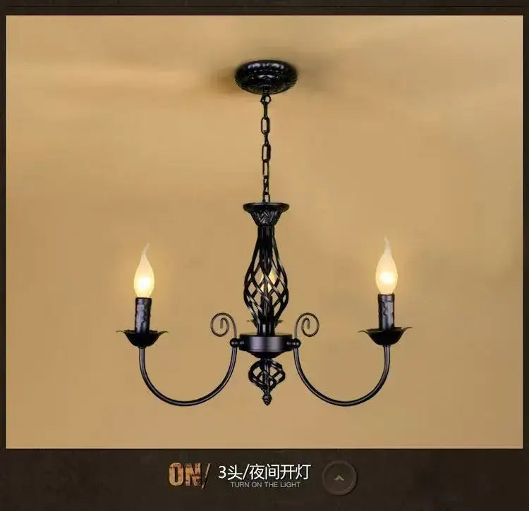 DecorBites™ modern black iron chandelier with three candle-style lights for living room use