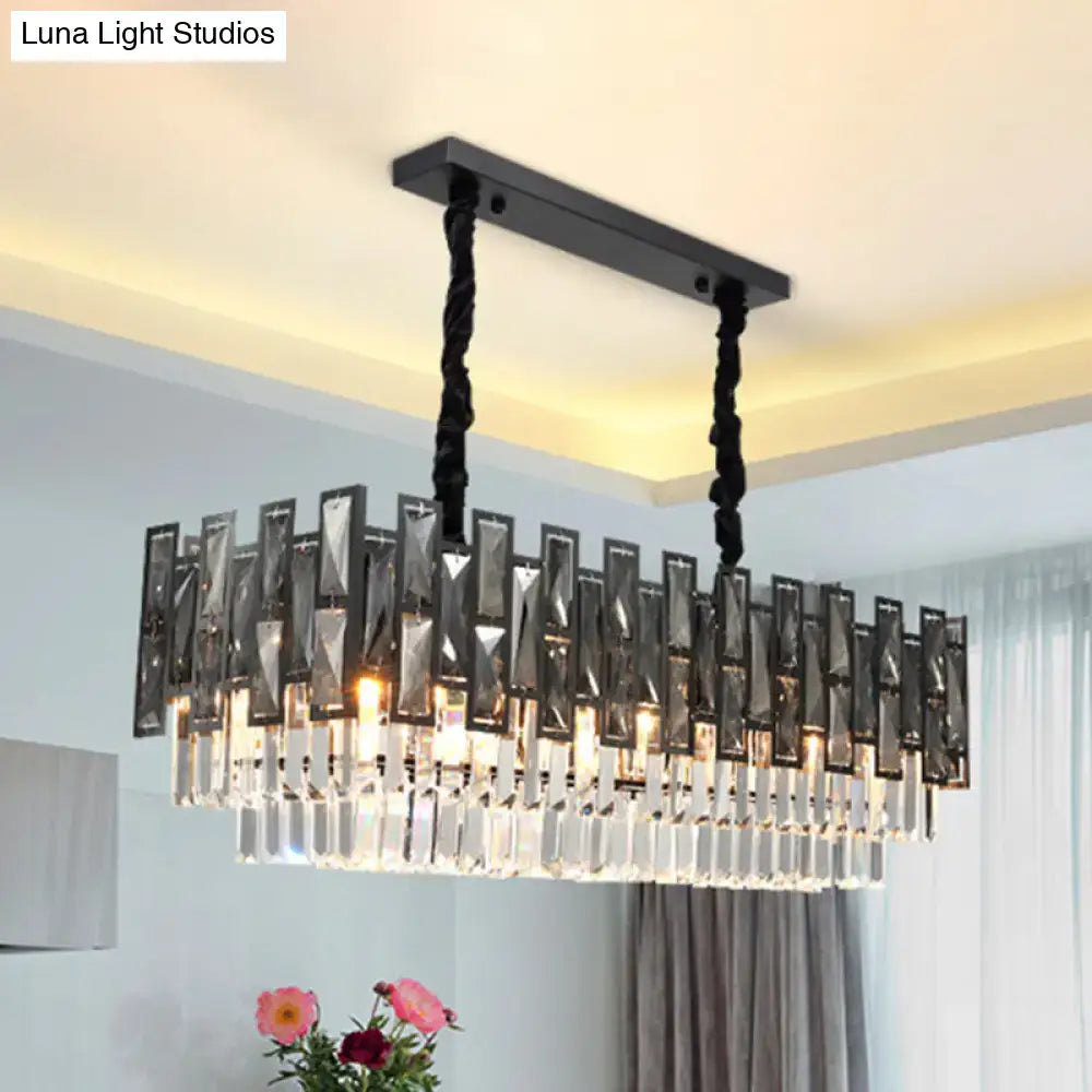 Black metal rectangular chandelier with smoke faceted crystal prism layers hanging from twisted black chains for 220v-240v 110v-120v use