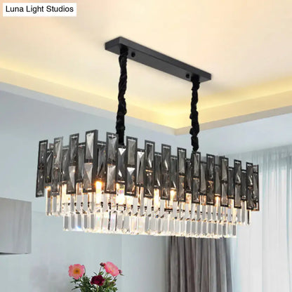 Black metal rectangular chandelier with smoke faceted crystal prism layers hanging from twisted black chains for 220v-240v 110v-120v use