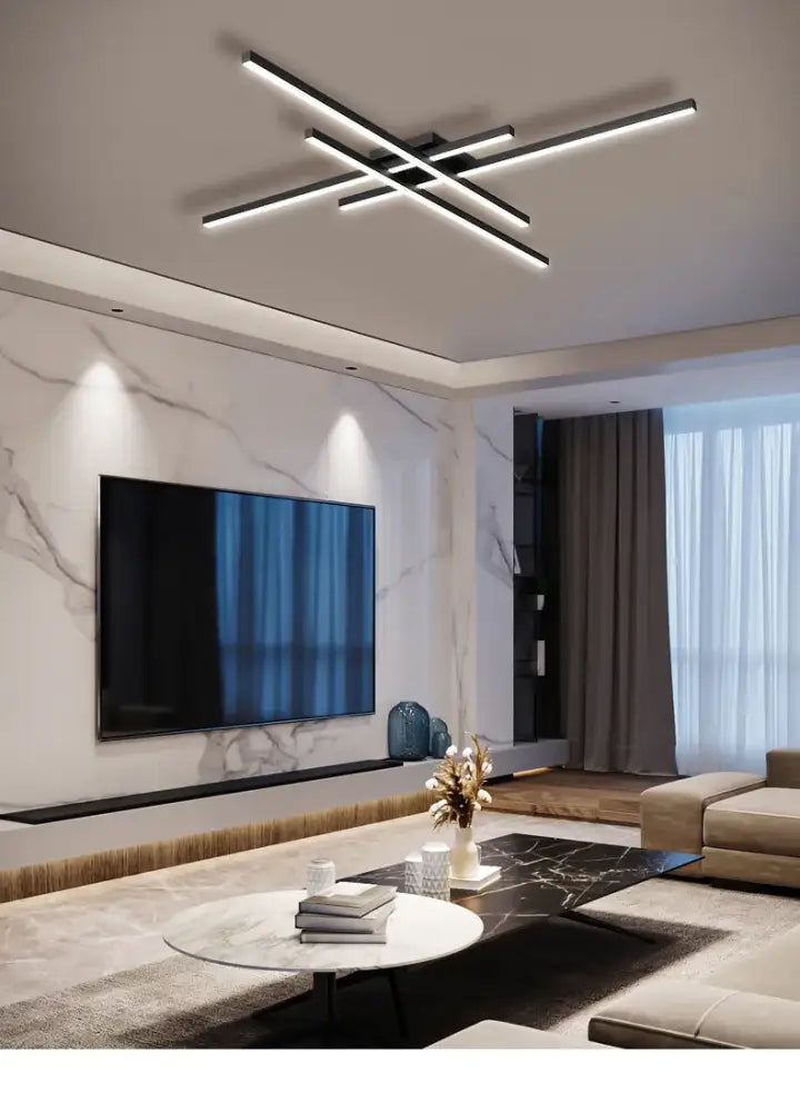 DecorBites™ modern black chandelier square with sleek linear bars and integrated led lighting for bedroom and living room