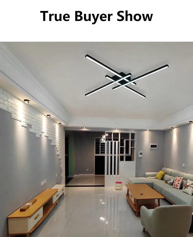 Modern black chandelier square LED light fixture in a cross shape ideal for bedroom and living room decor