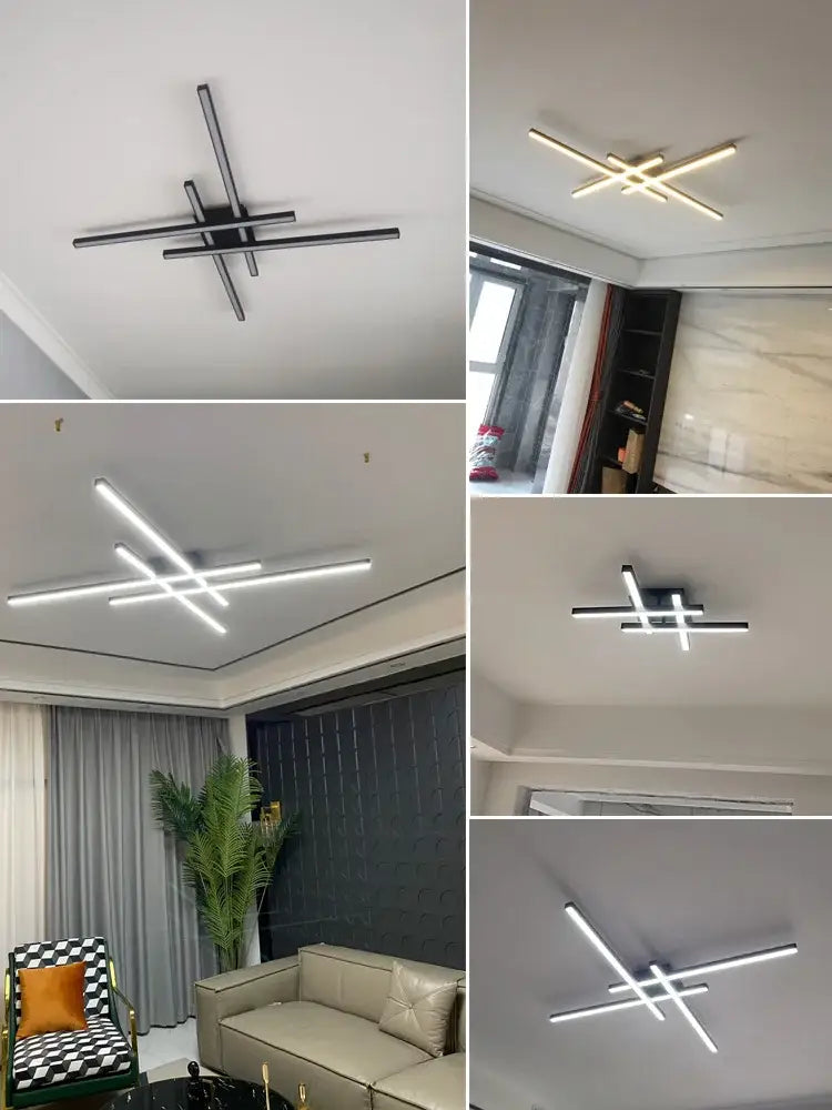 Decorbites™ modern black chandelier square led light fixture with geometric intersecting bars for bedroom and living room