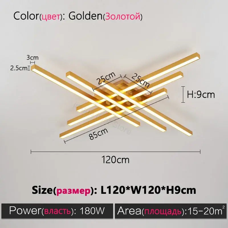 DecorBites™ modern black chandelier with intersecting golden rectangular bars ideal for bedroom and living room lighting