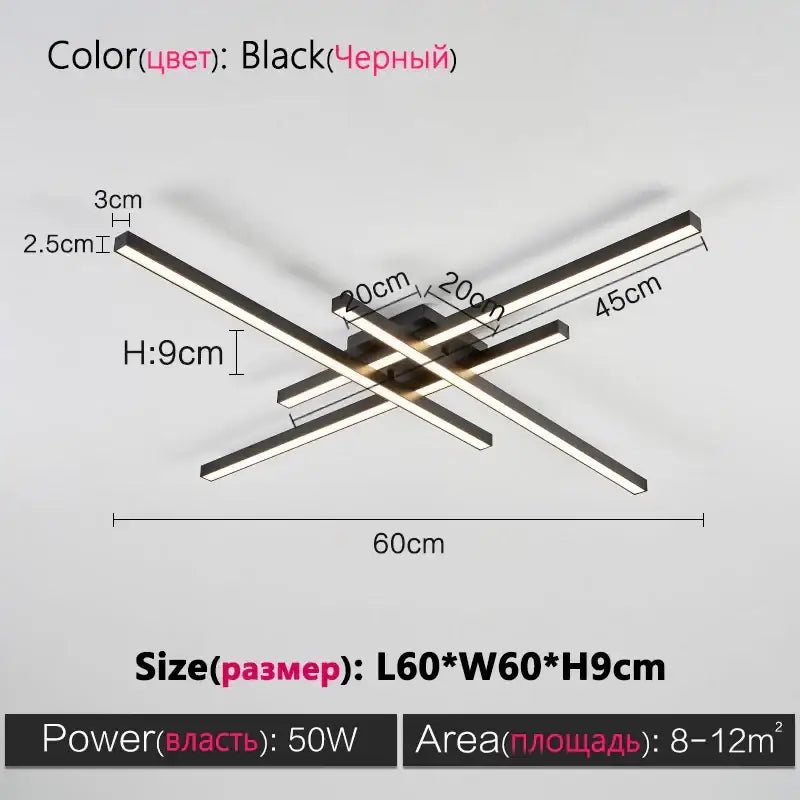 DecorBites™ modern black chandelier square LED fixture with sleek intersecting rectangular bars for living spaces