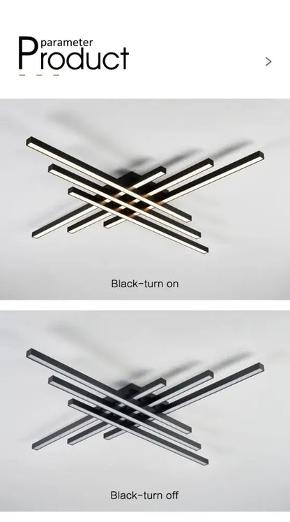Modern black chandelier square led ceiling light with sleek intersecting rectangular bars for bedroom and living room