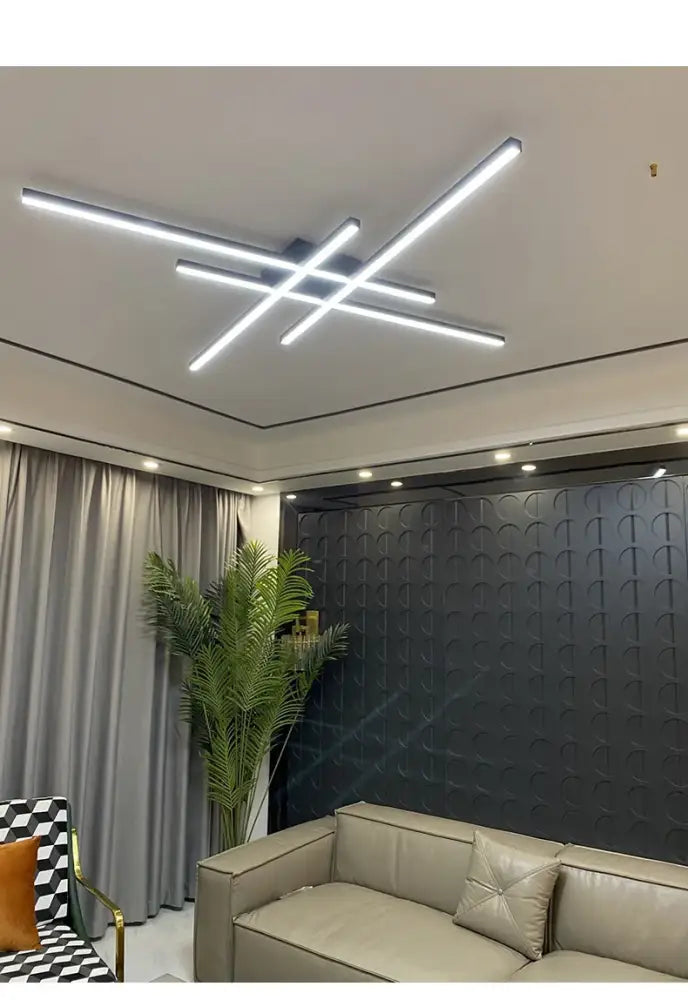 DecorBites modern black chandelier square with intersecting rectangular LED bars for bedroom and living room lighting