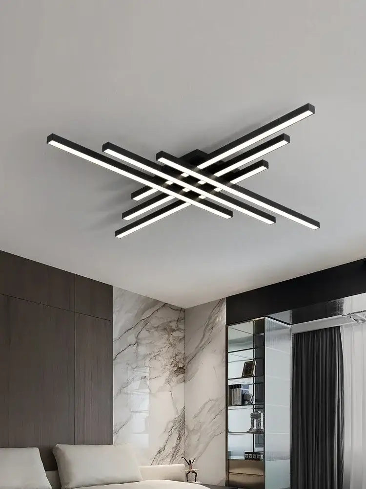DecorBites™ modern black chandelier square led ceiling light with intersecting rectangular bars for bedroom and living room