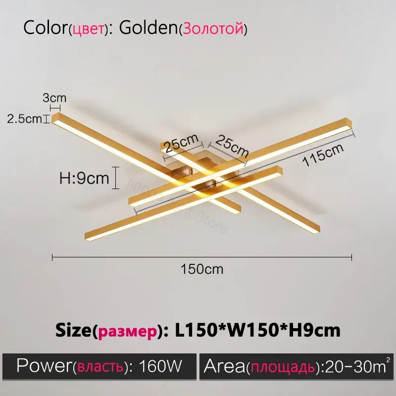 DecorBites™ modern black chandelier square with golden cross-shaped LED light and sleek metallic bars for bedroom and living room