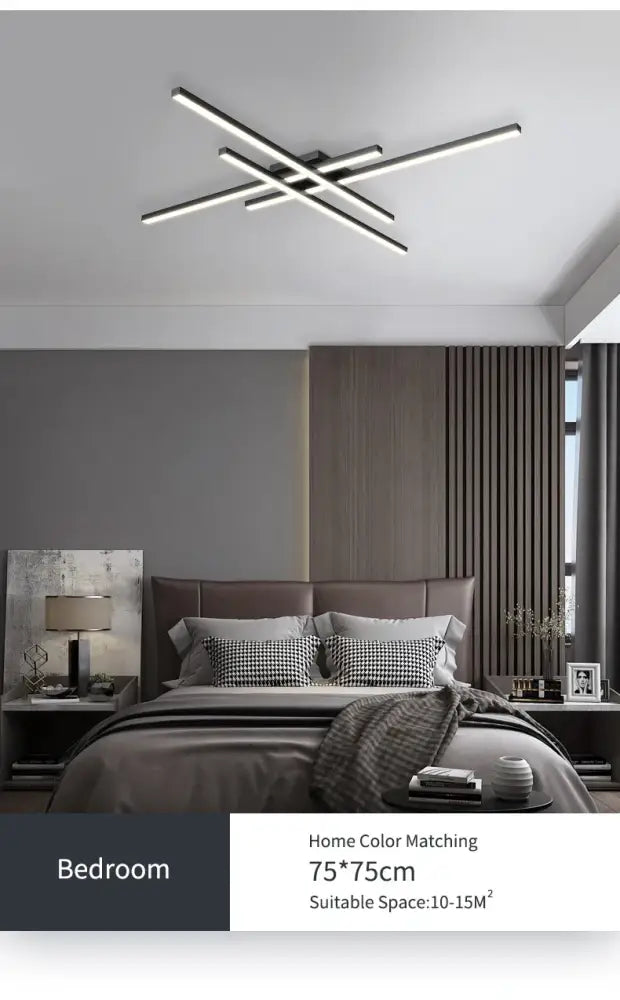 DecorBites modern black chandelier square led ceiling light fixture with intersecting linear bars for bedroom and living room