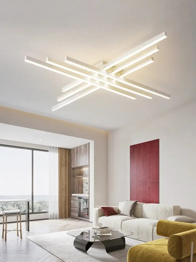 DecorBites™ modern black chandelier square LED light with intersecting white rectangular bars for bedroom and living room