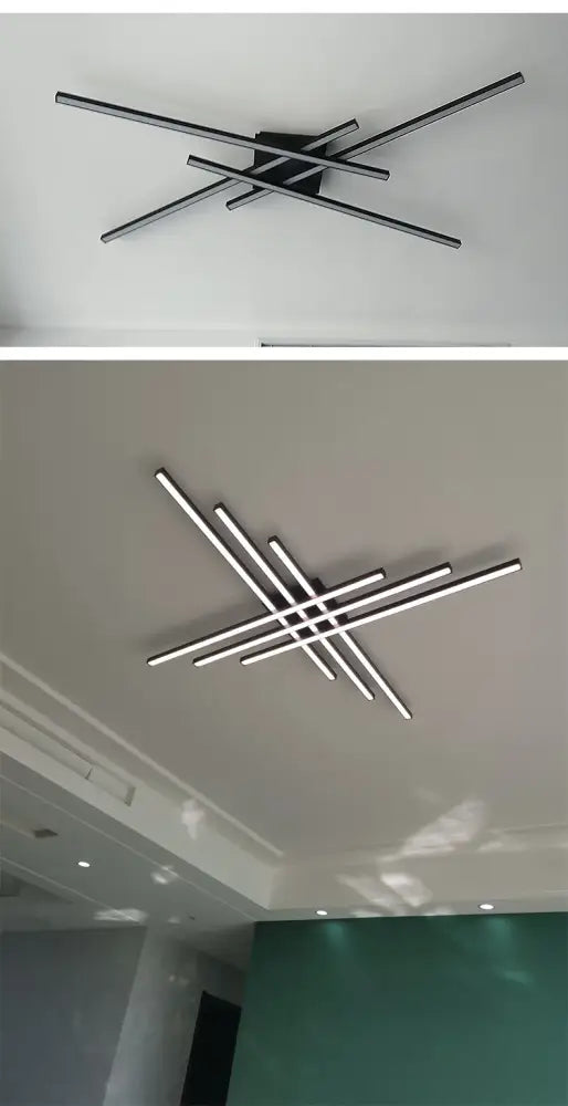 DecorBites modern black chandelier square LED fixture with silver intersecting rods for bedroom and living room lighting